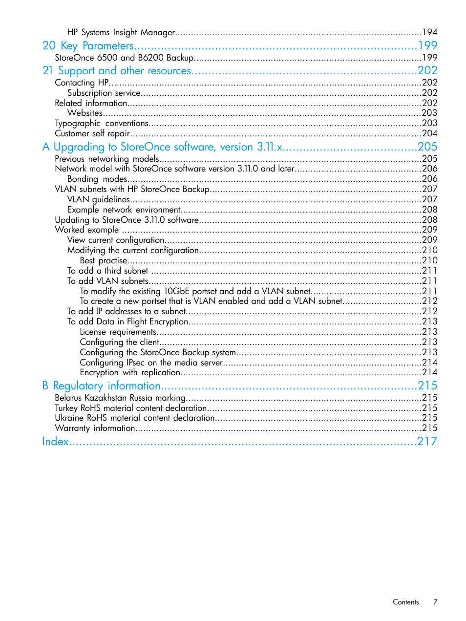 20 key parameters, 21 support and other resources, A upgrading to storeonce software, version 3.11.x | B regulatory information, Index | HP StoreOnce Backup User Manual | Page 7 / 220