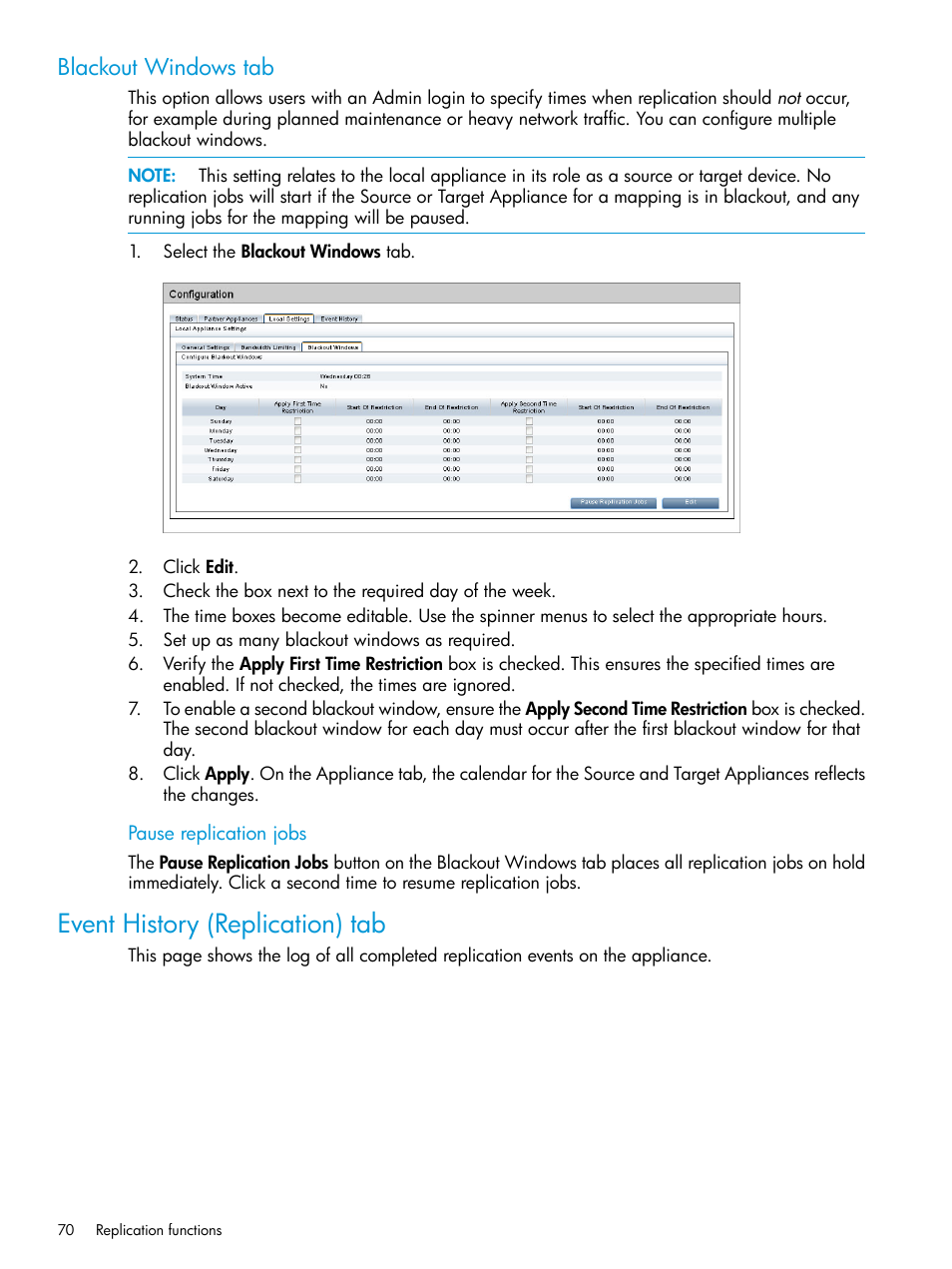 Blackout windows tab, Event history (replication) tab | HP StoreOnce Backup User Manual | Page 70 / 220