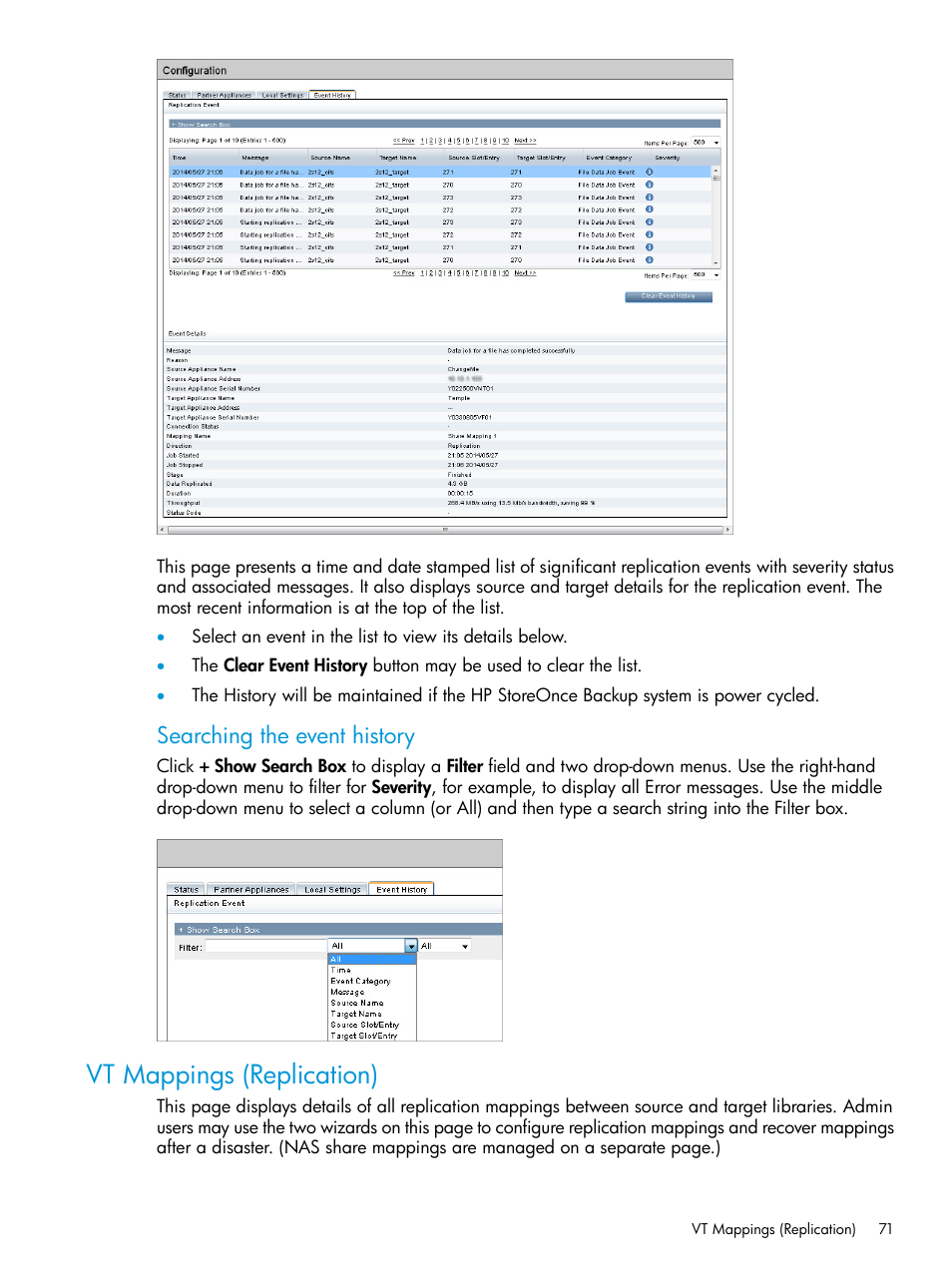 Vt mappings (replication), Searching the event history | HP StoreOnce Backup User Manual | Page 71 / 220