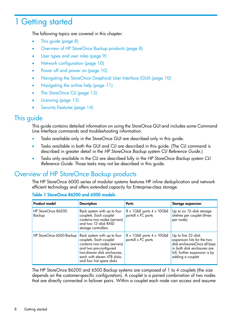 1 getting started, This guide, Overview of hp storeonce backup products | HP StoreOnce Backup User Manual | Page 8 / 220