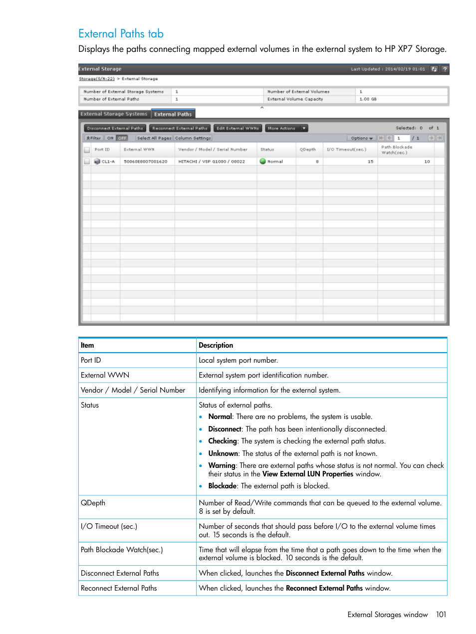External paths tab | HP XP Racks User Manual | Page 101 / 152
