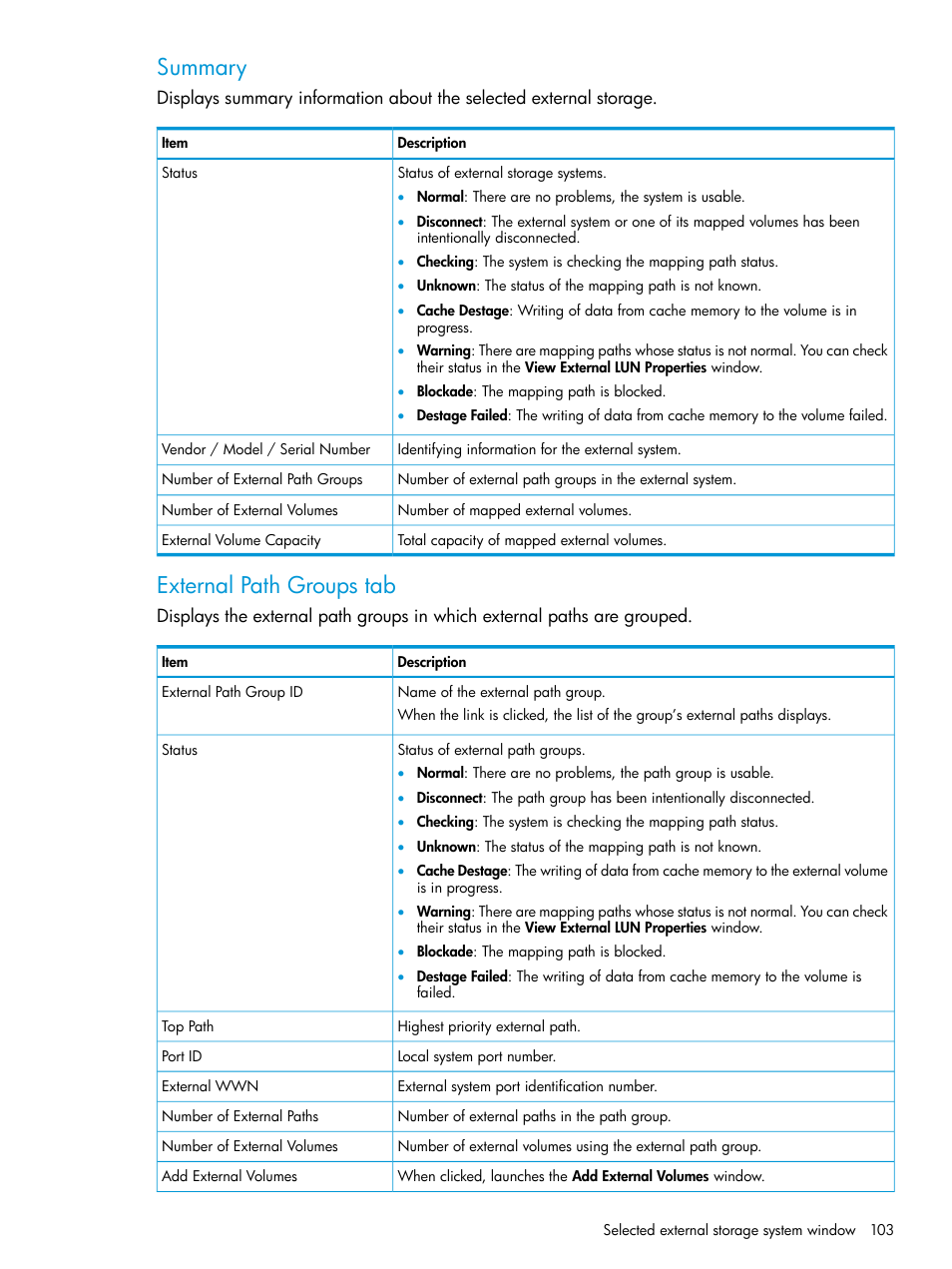 Summary, External path groups tab | HP XP Racks User Manual | Page 103 / 152
