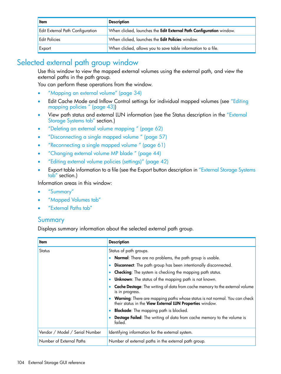 Selected external path group window, Summary | HP XP Racks User Manual | Page 104 / 152