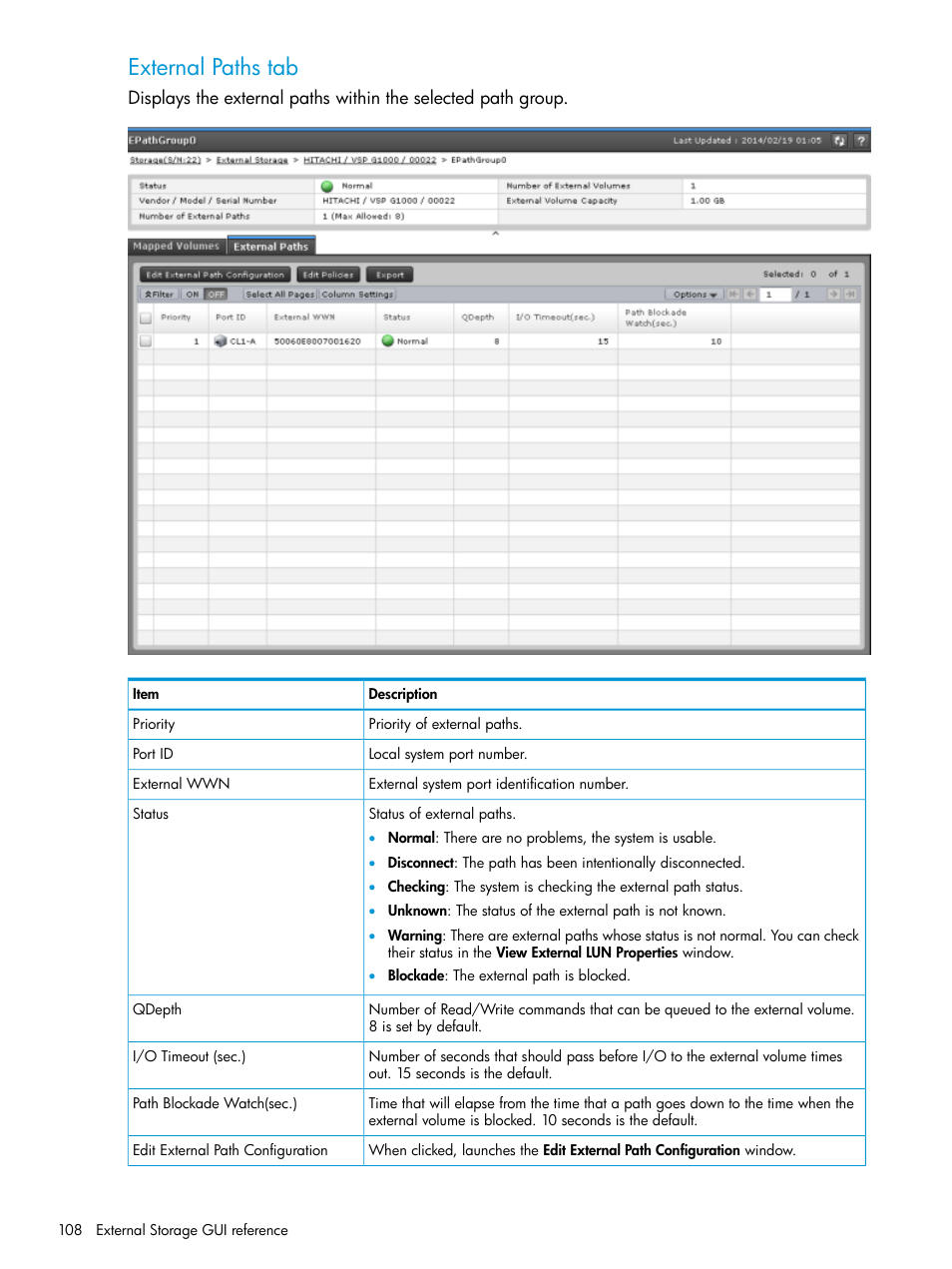 External paths tab | HP XP Racks User Manual | Page 108 / 152