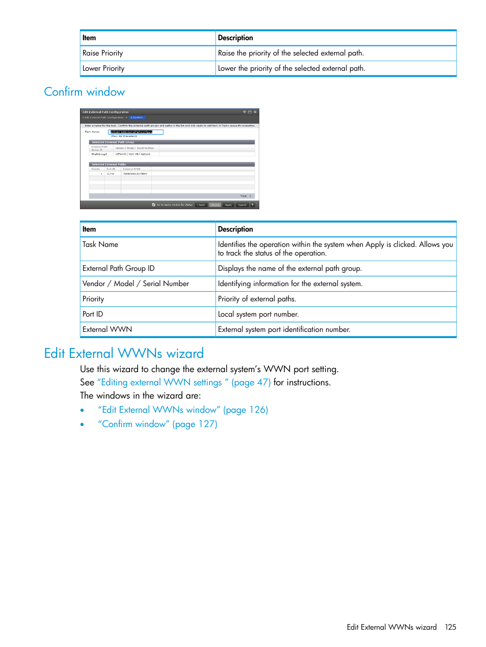 Confirm window, Edit external wwns wizard | HP XP Racks User Manual | Page 125 / 152
