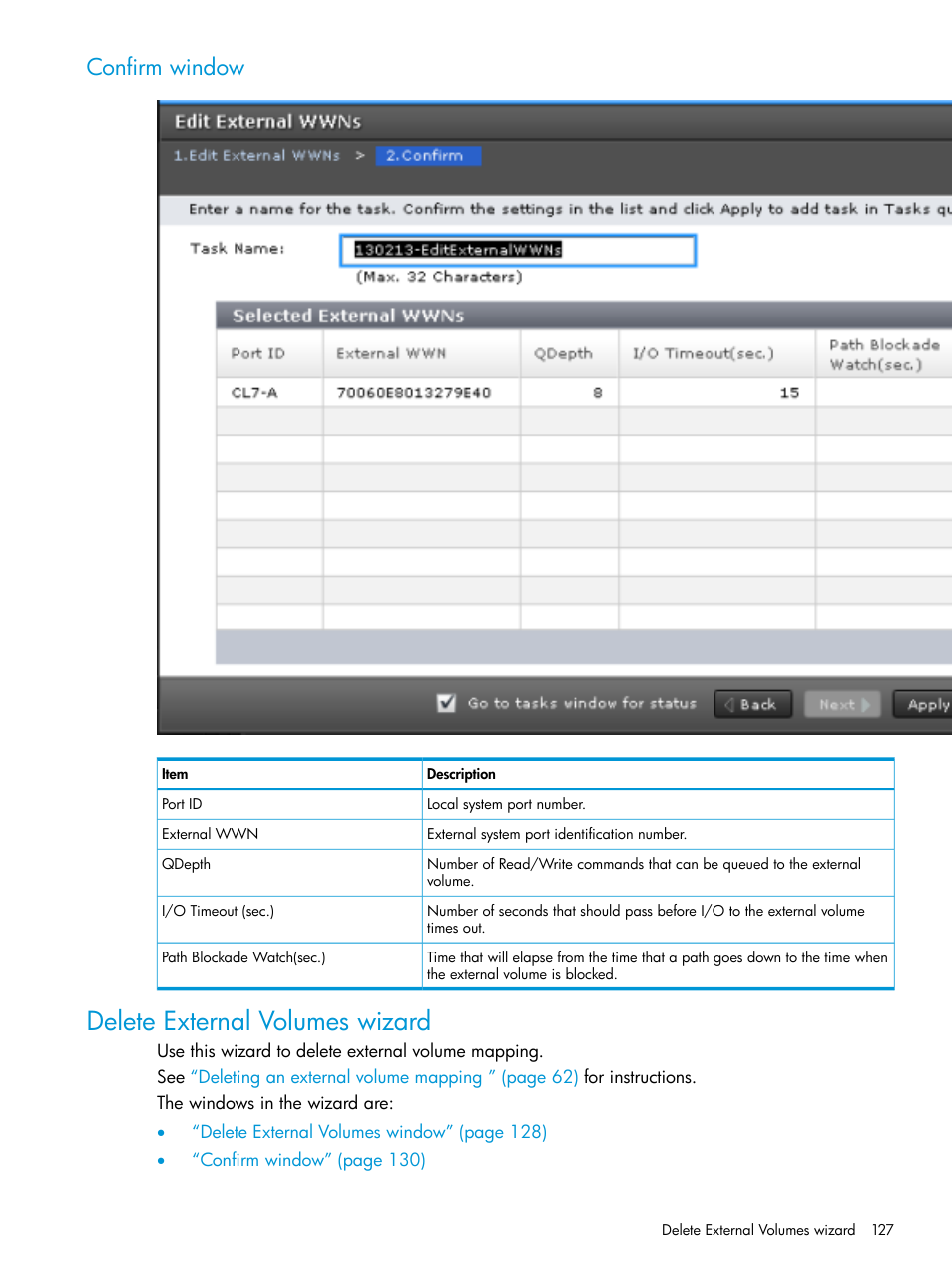 Confirm window, Delete external volumes wizard | HP XP Racks User Manual | Page 127 / 152