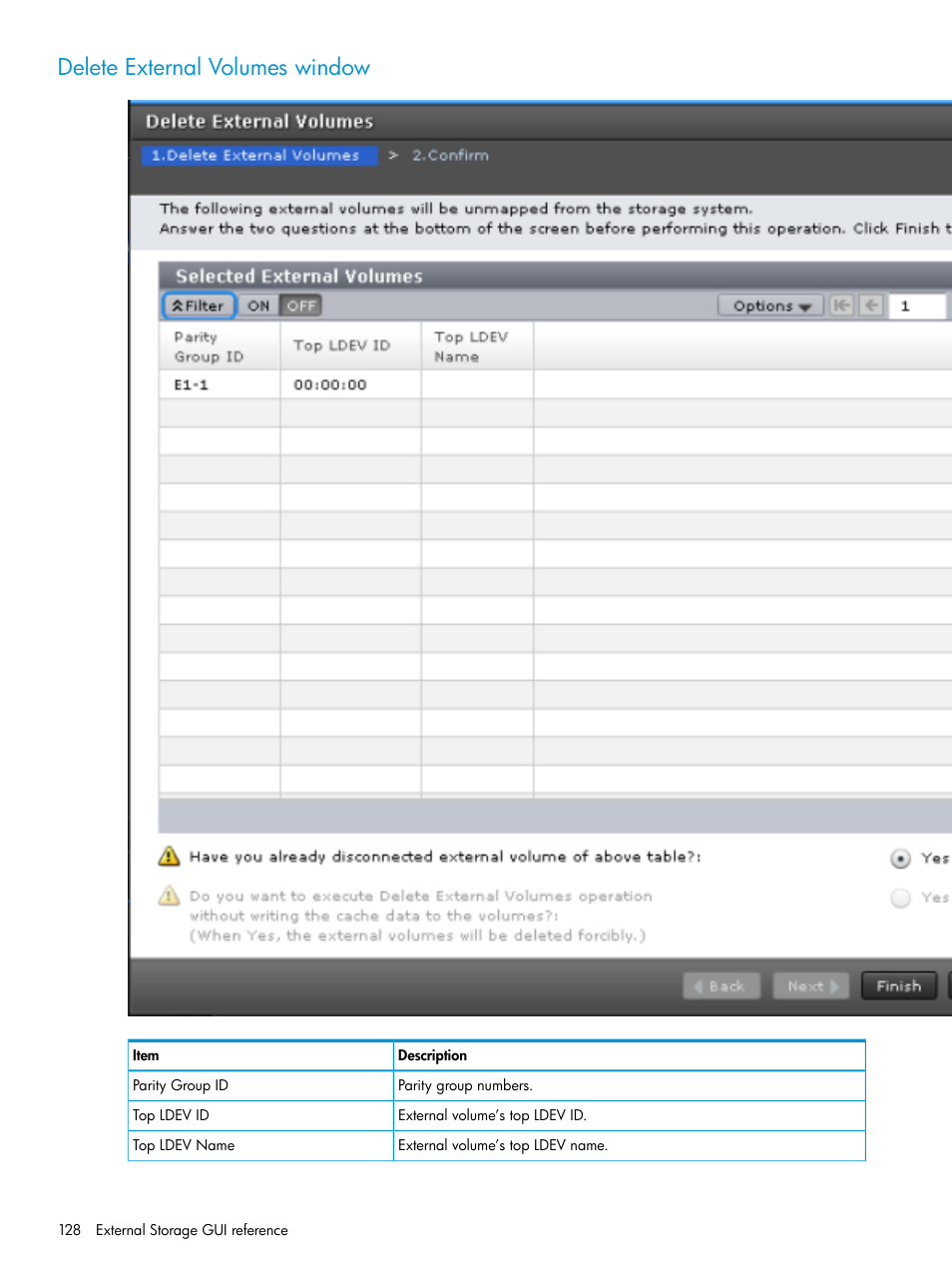 Delete external volumes window | HP XP Racks User Manual | Page 128 / 152