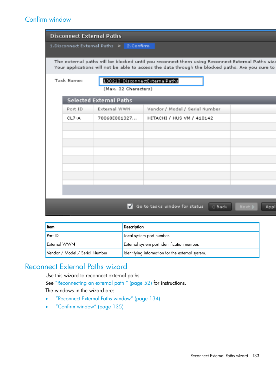 Confirm window, Reconnect external paths wizard | HP XP Racks User Manual | Page 133 / 152