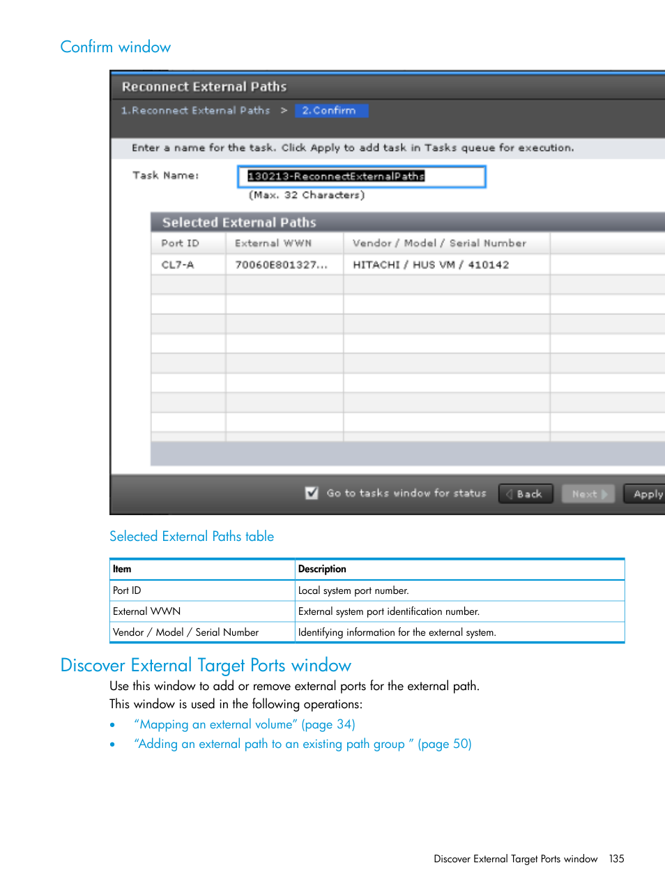Confirm window, Discover external target ports window | HP XP Racks User Manual | Page 135 / 152