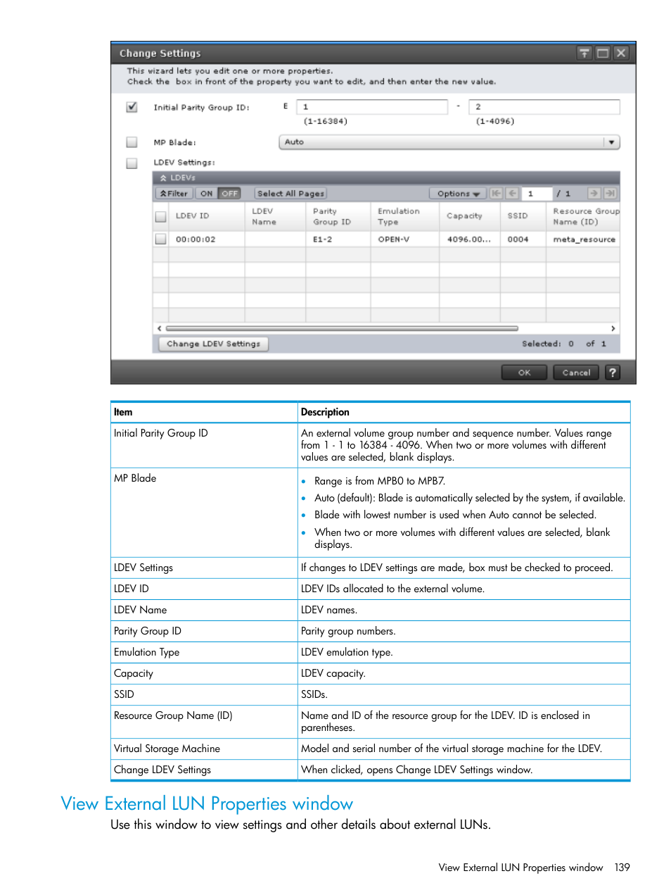 View external lun properties window | HP XP Racks User Manual | Page 139 / 152