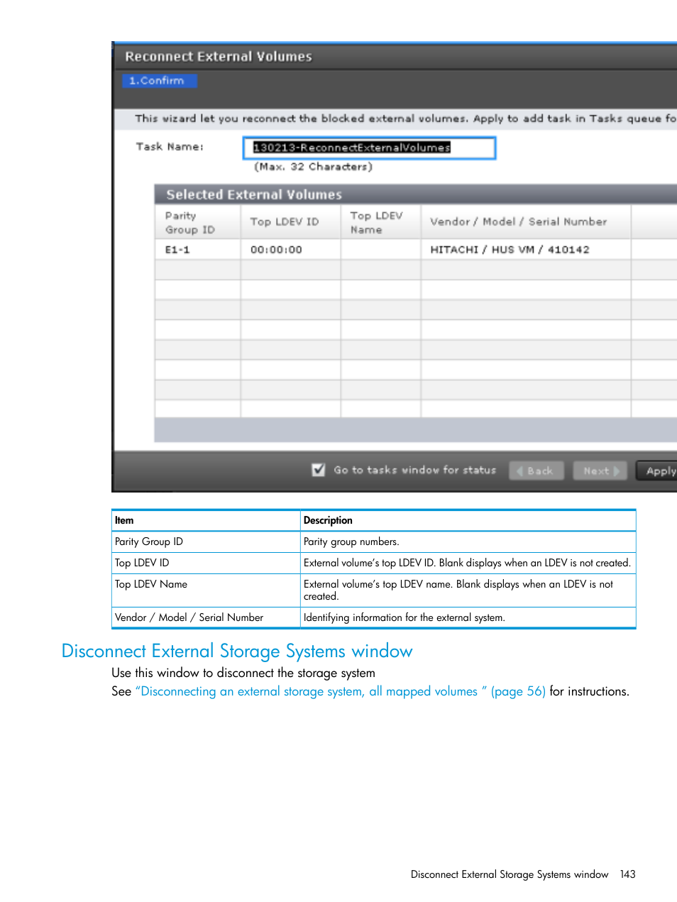 Disconnect external storage systems window | HP XP Racks User Manual | Page 143 / 152