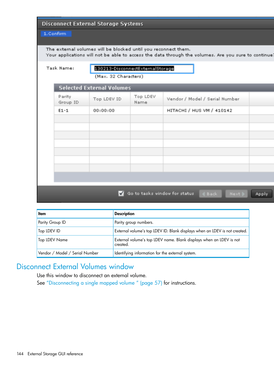 Disconnect external volumes window | HP XP Racks User Manual | Page 144 / 152