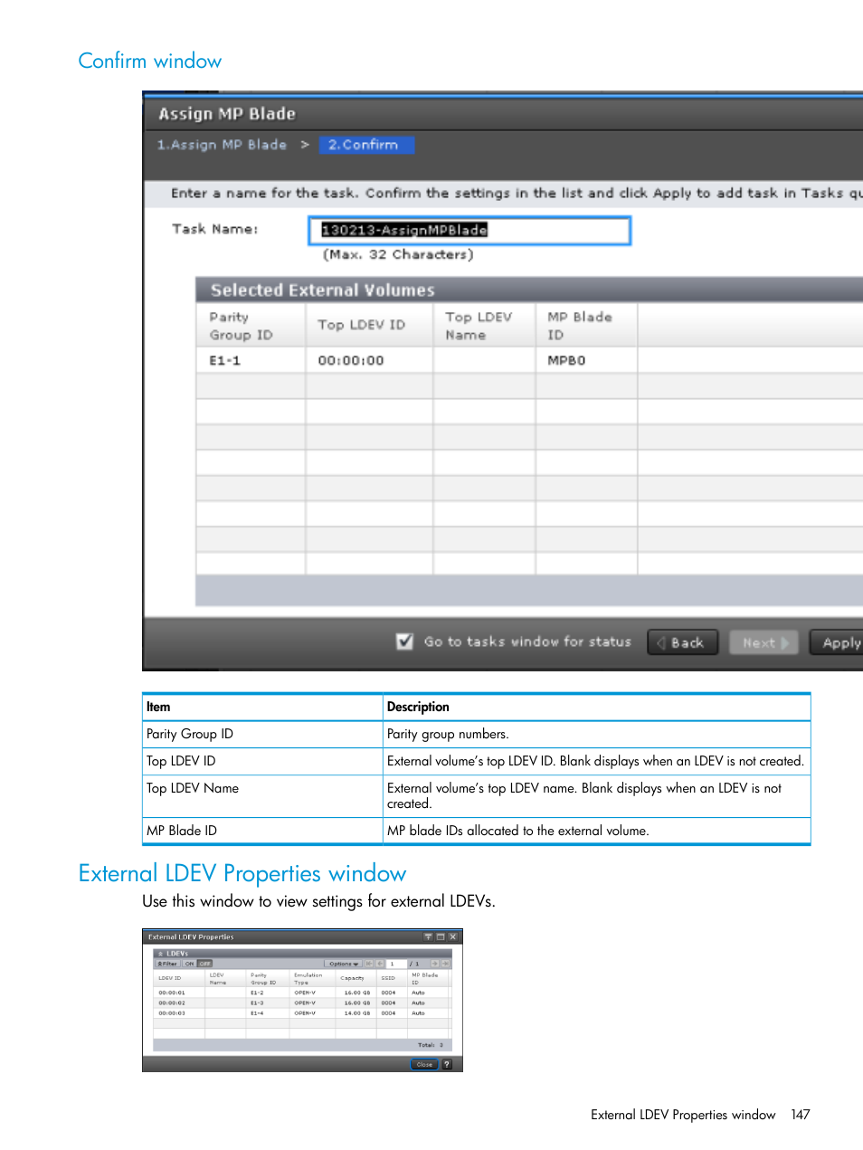 Confirm window, External ldev properties window | HP XP Racks User Manual | Page 147 / 152
