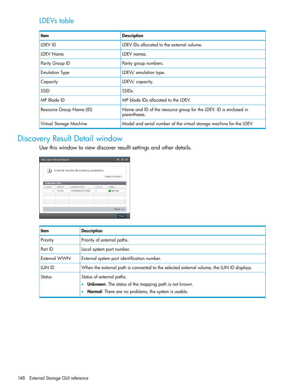 Discovery result detail window, Ldevs table | HP XP Racks User Manual | Page 148 / 152