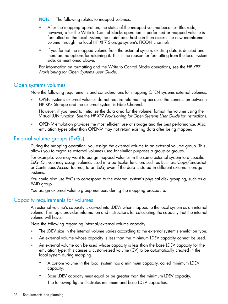 Open systems volumes, External volume groups (exgs), Capacity requirements for volumes | HP XP Racks User Manual | Page 16 / 152
