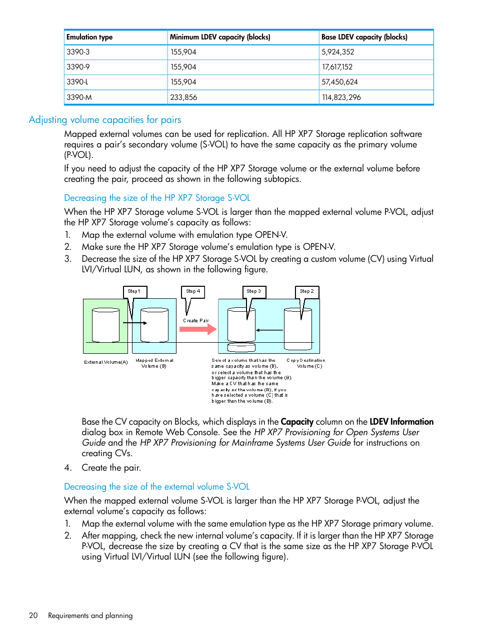 Adjusting volume capacities for pairs | HP XP Racks User Manual | Page 20 / 152
