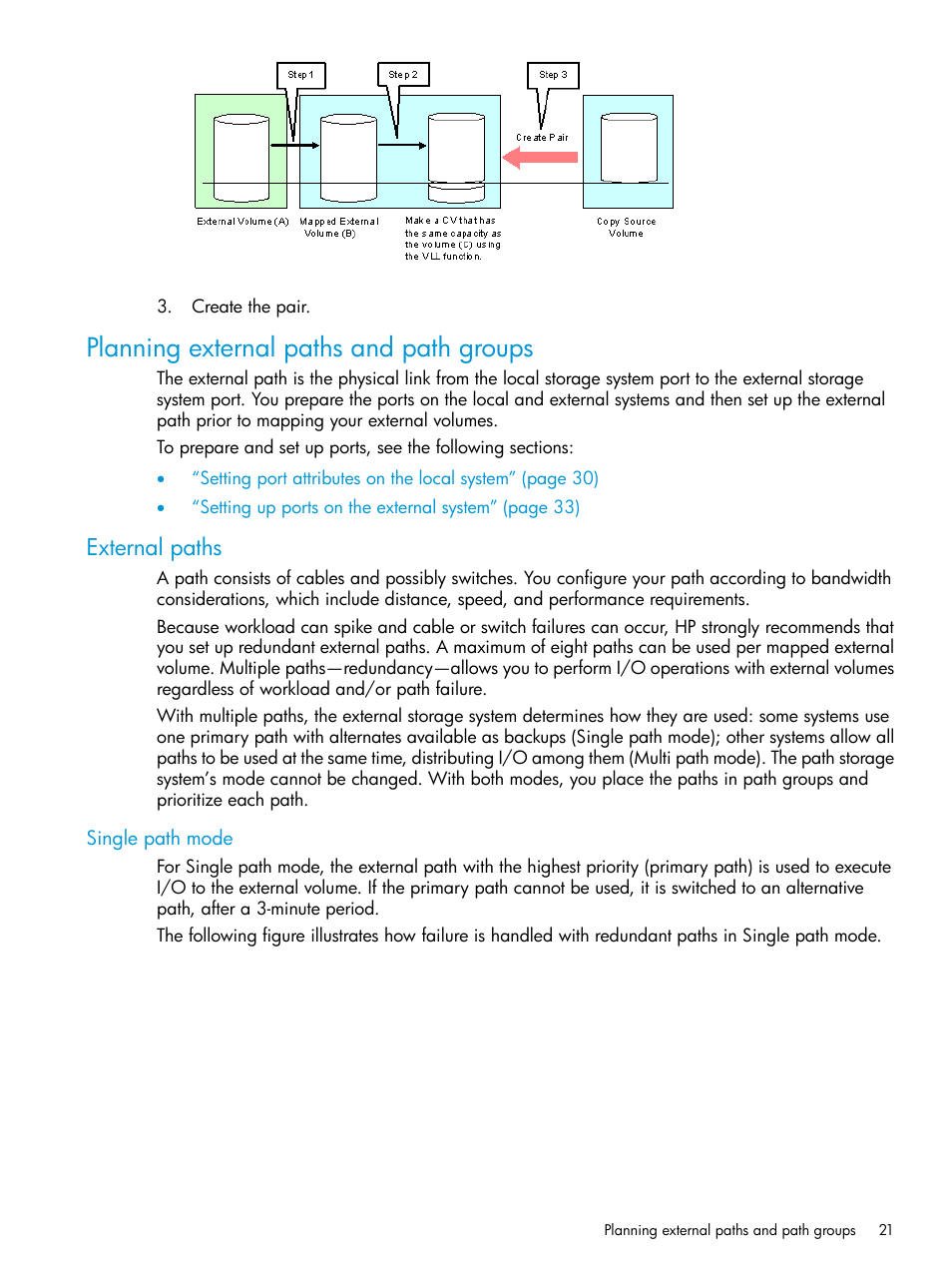 Planning external paths and path groups, External paths, Single path mode | Planning external paths and path | HP XP Racks User Manual | Page 21 / 152