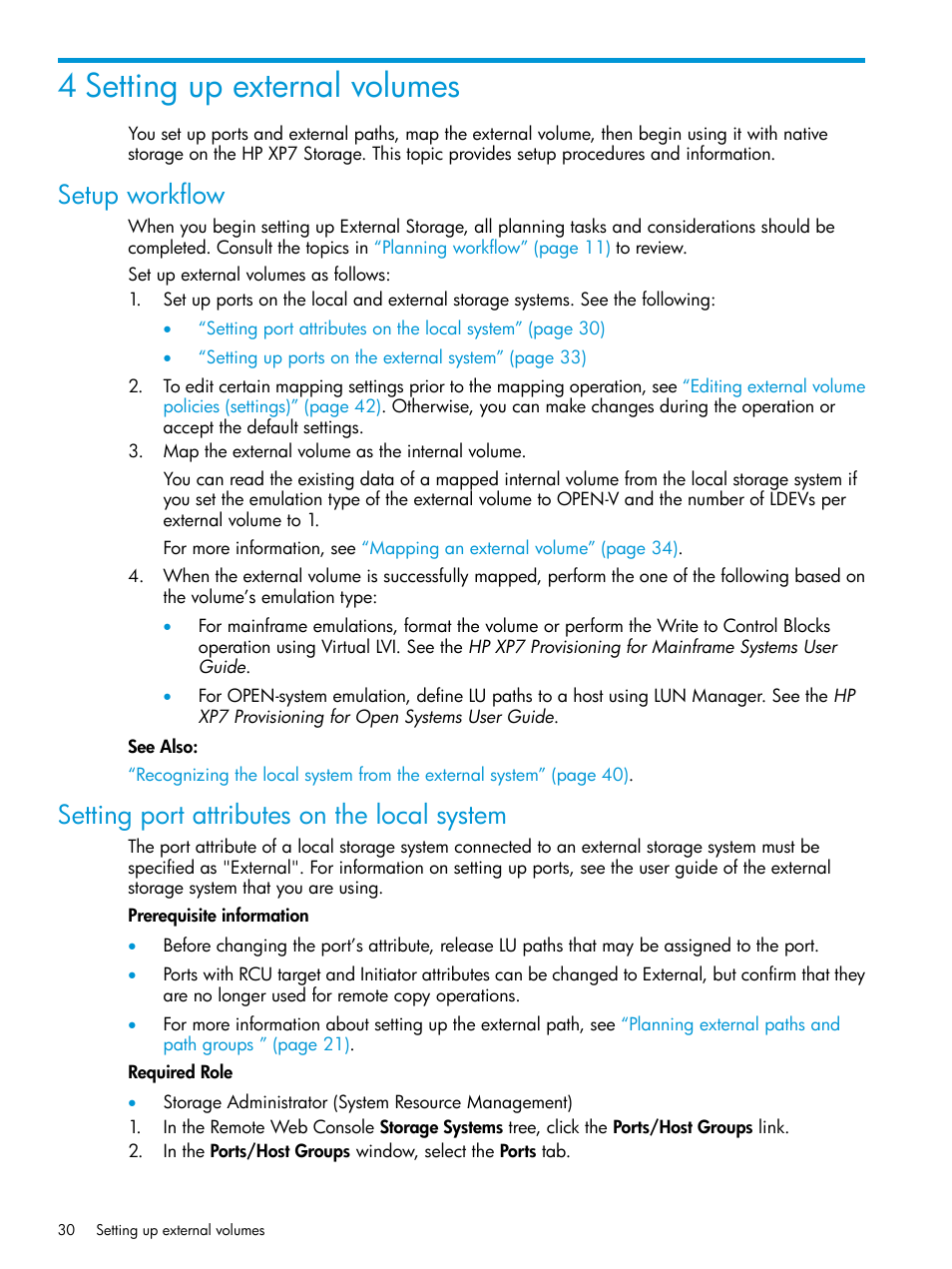 4 setting up external volumes, Setup workflow, Setting port attributes on the local system | HP XP Racks User Manual | Page 30 / 152