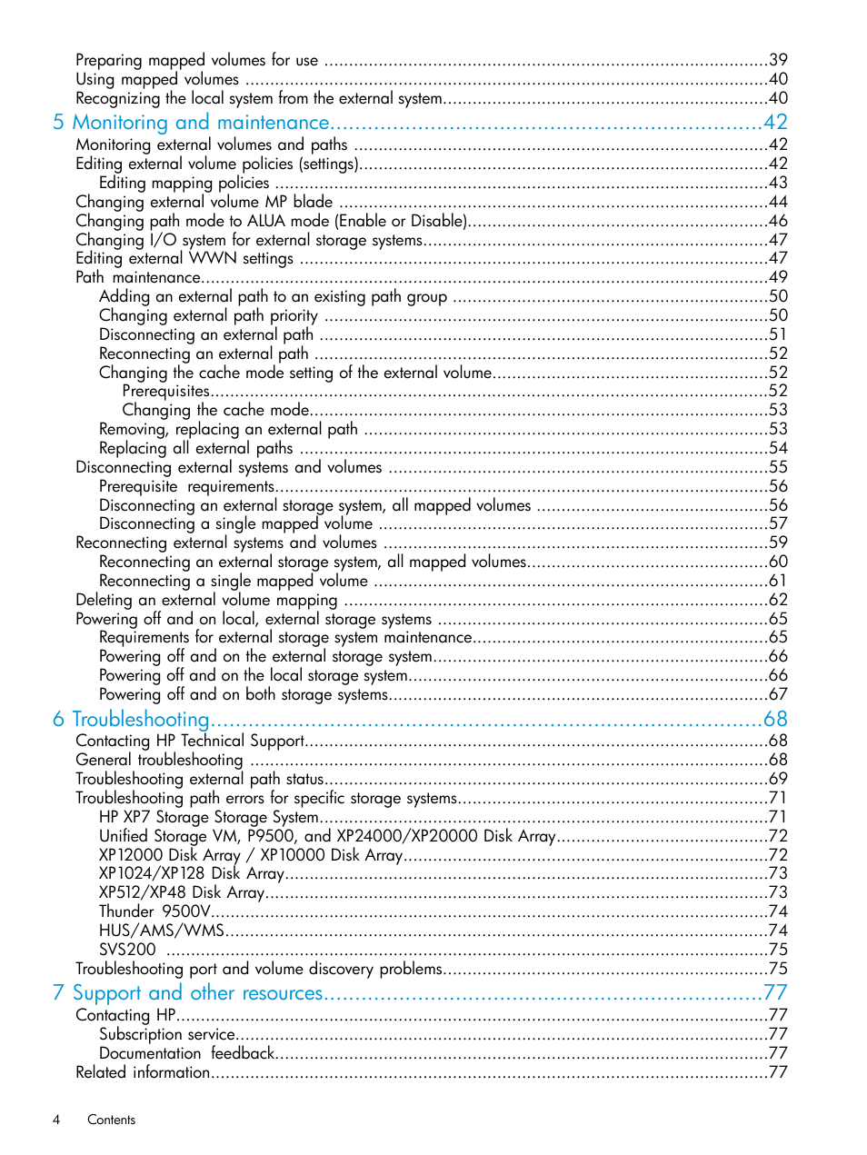 5 monitoring and maintenance, 6 troubleshooting, 7 support and other resources | HP XP Racks User Manual | Page 4 / 152