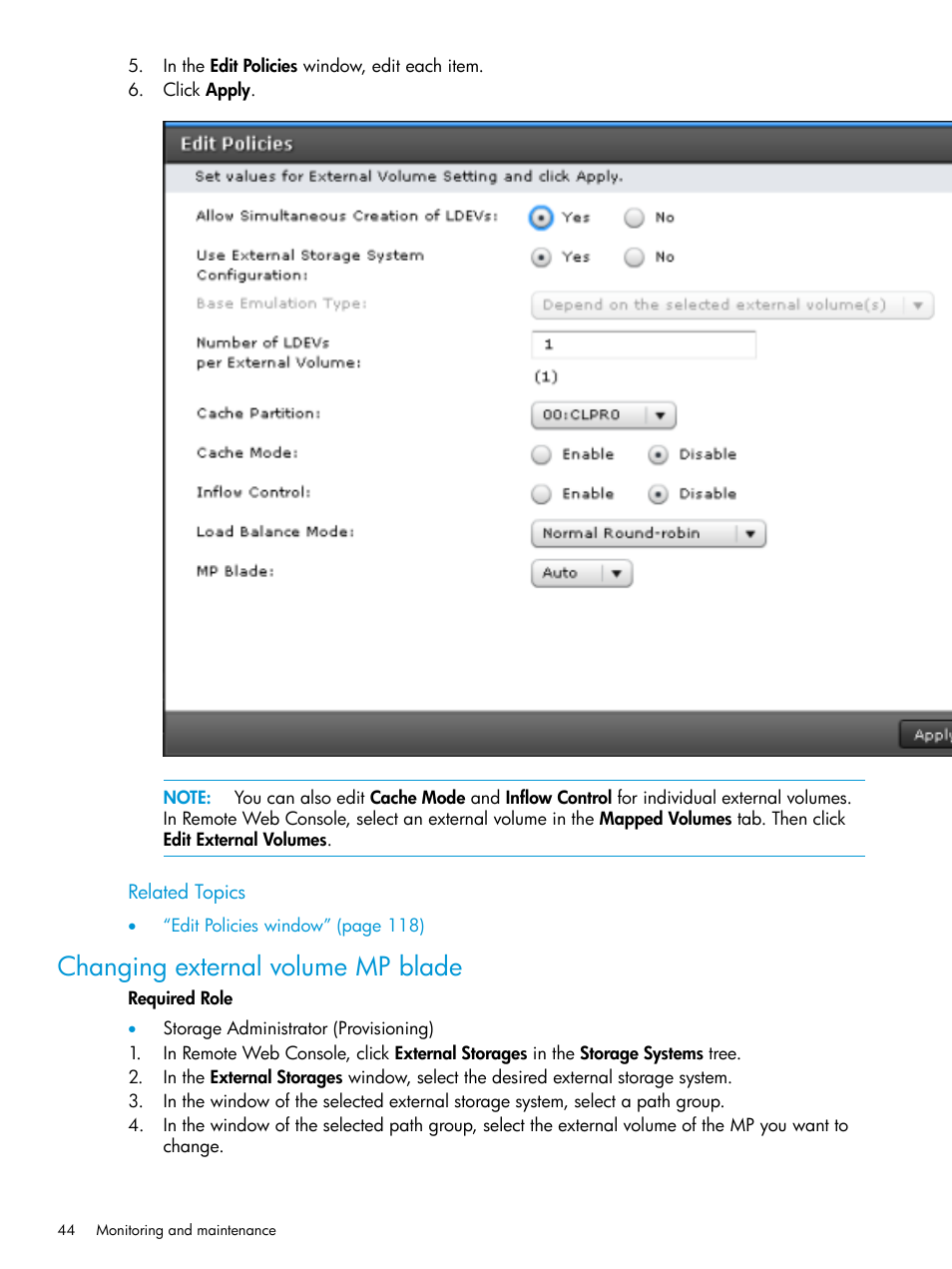 Changing external volume mp blade | HP XP Racks User Manual | Page 44 / 152