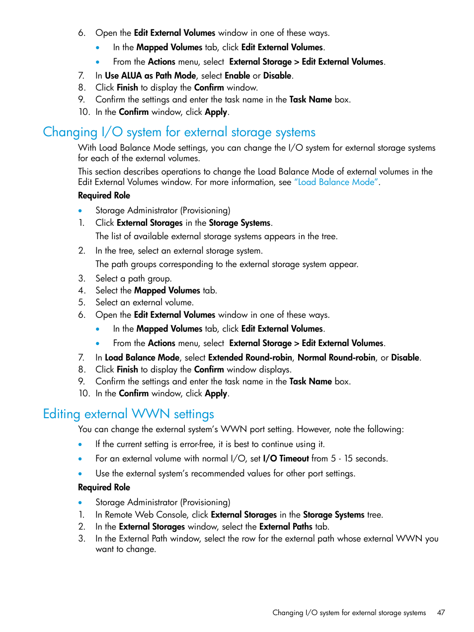 Changing i/o system for external storage systems, Editing external wwn settings | HP XP Racks User Manual | Page 47 / 152