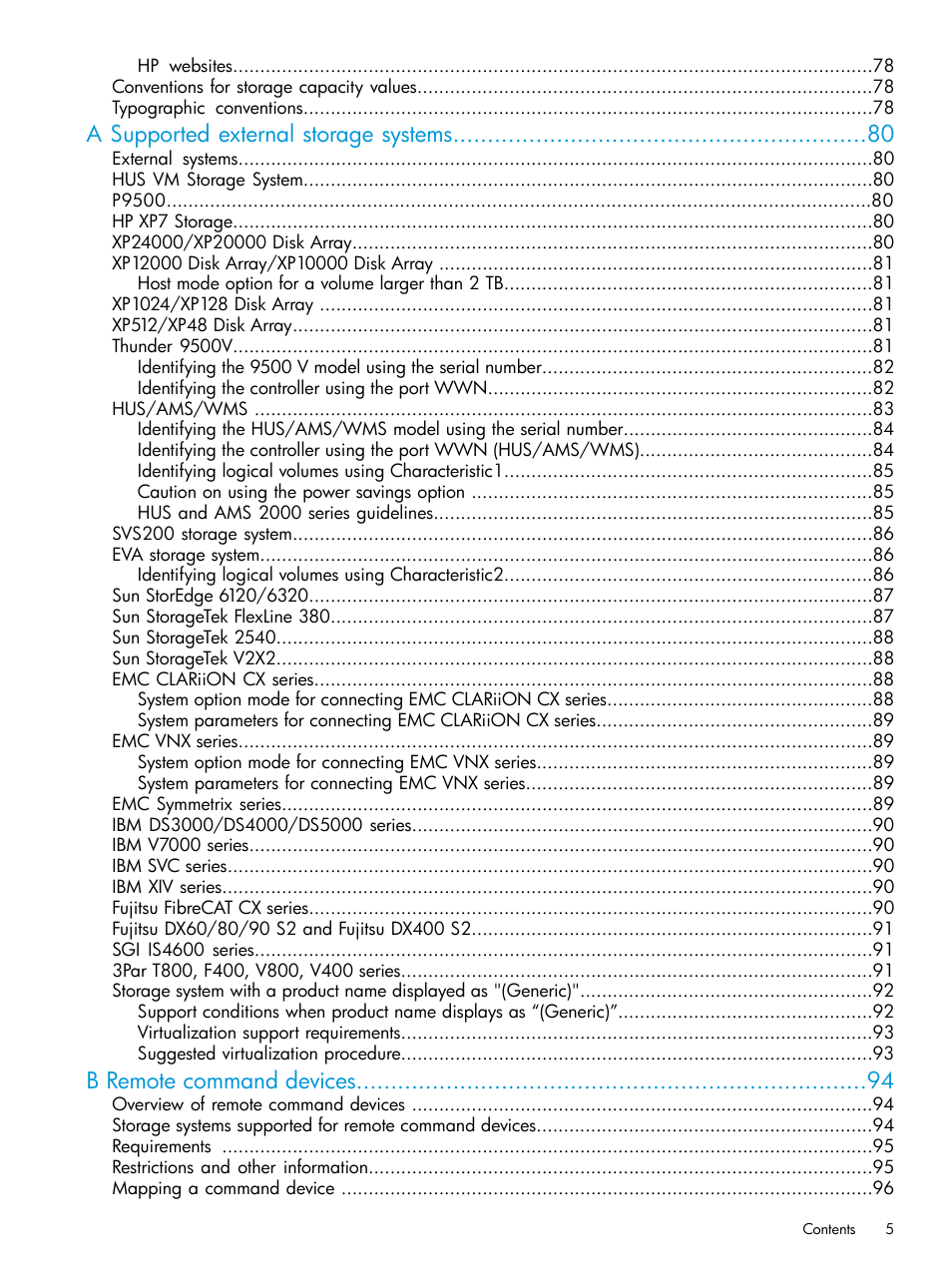 A supported external storage systems, B remote command devices | HP XP Racks User Manual | Page 5 / 152