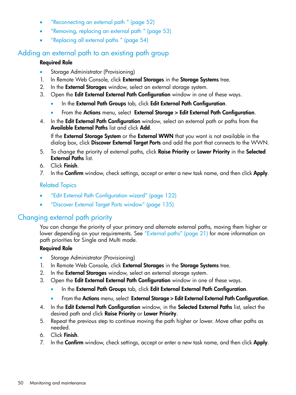 Adding an external path to an existing path group, Changing external path priority | HP XP Racks User Manual | Page 50 / 152