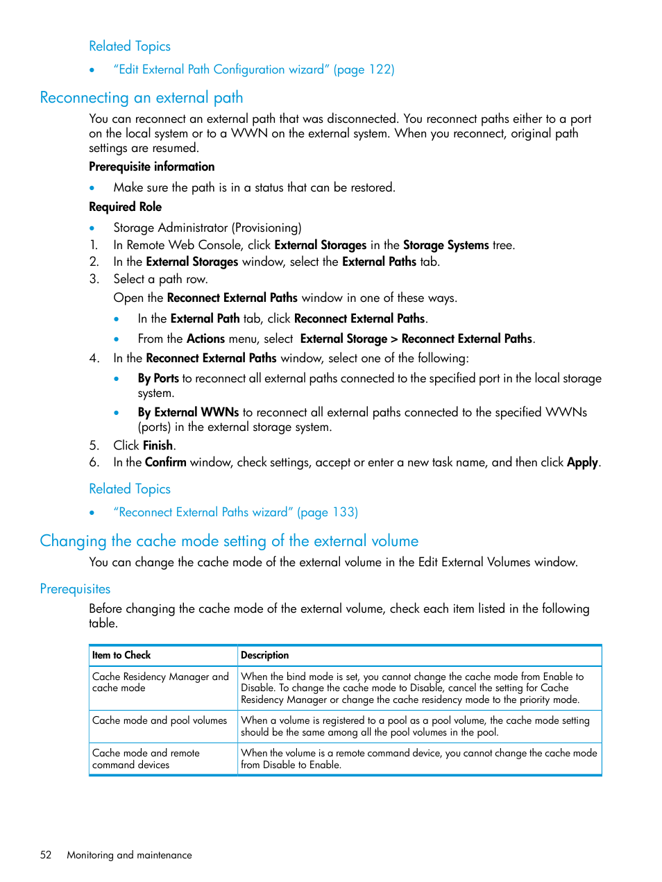 Reconnecting an external path, Prerequisites | HP XP Racks User Manual | Page 52 / 152