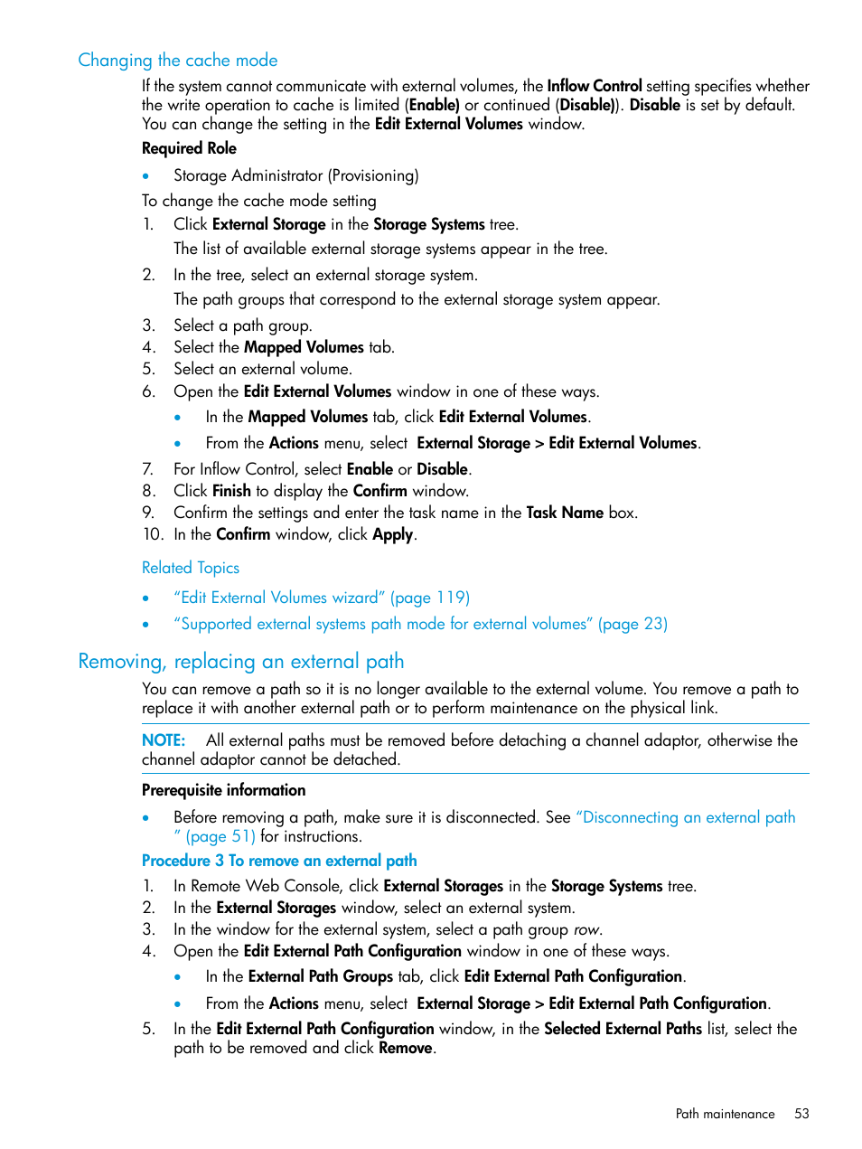 Changing the cache mode, Removing, replacing an external path | HP XP Racks User Manual | Page 53 / 152