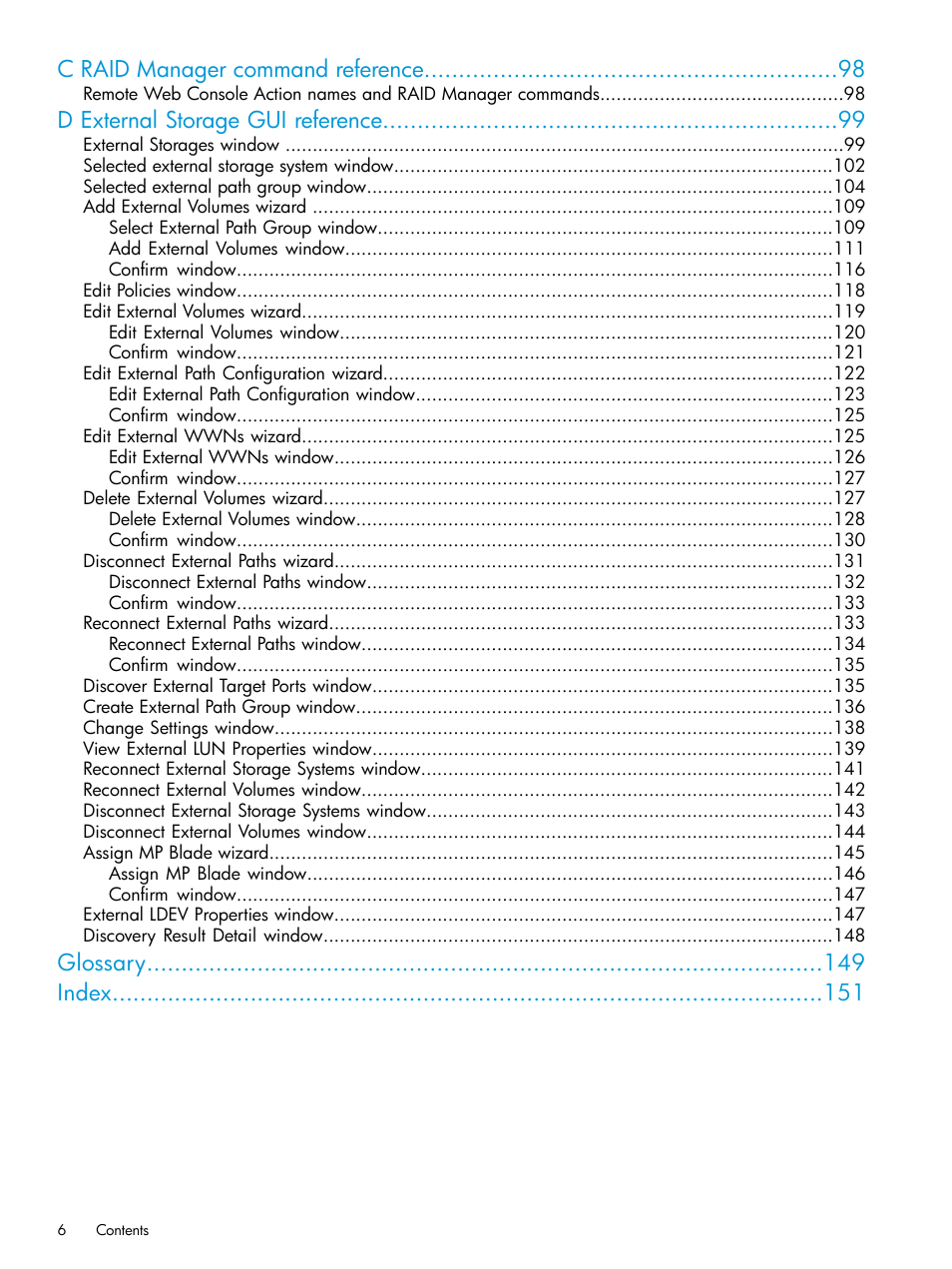 C raid manager command reference, D external storage gui reference, Glossary index | HP XP Racks User Manual | Page 6 / 152