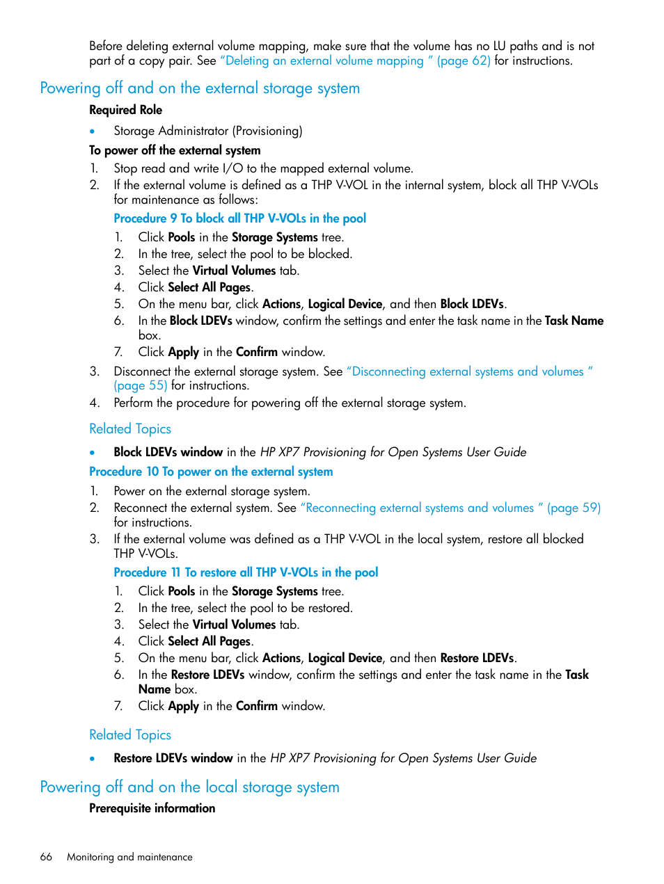 Powering off and on the external storage system, Powering off and on the local storage system | HP XP Racks User Manual | Page 66 / 152