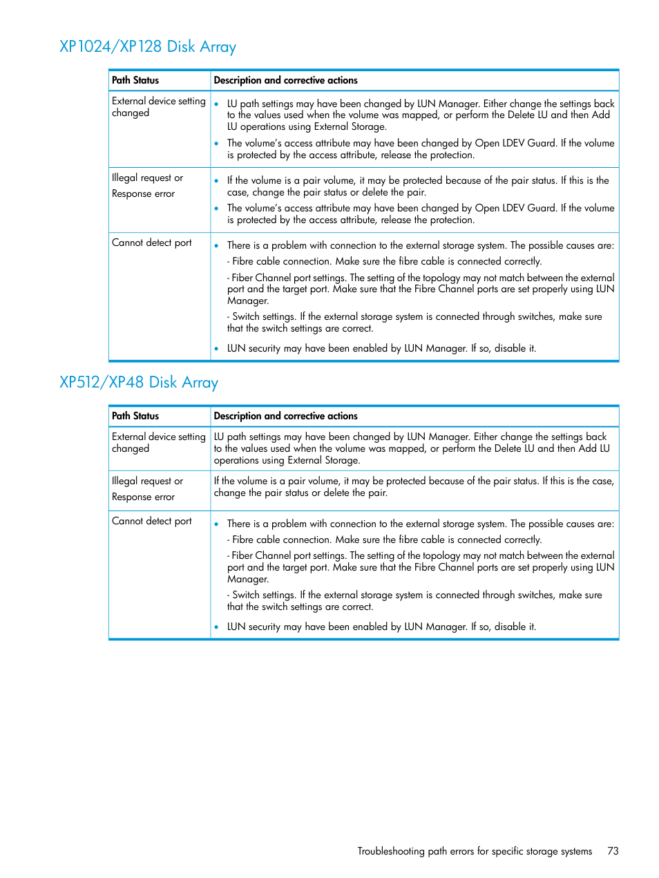 Xp1024/xp128 disk array, Xp512/xp48 disk array, Xp1024/xp128 disk array xp512/xp48 disk array | HP XP Racks User Manual | Page 73 / 152