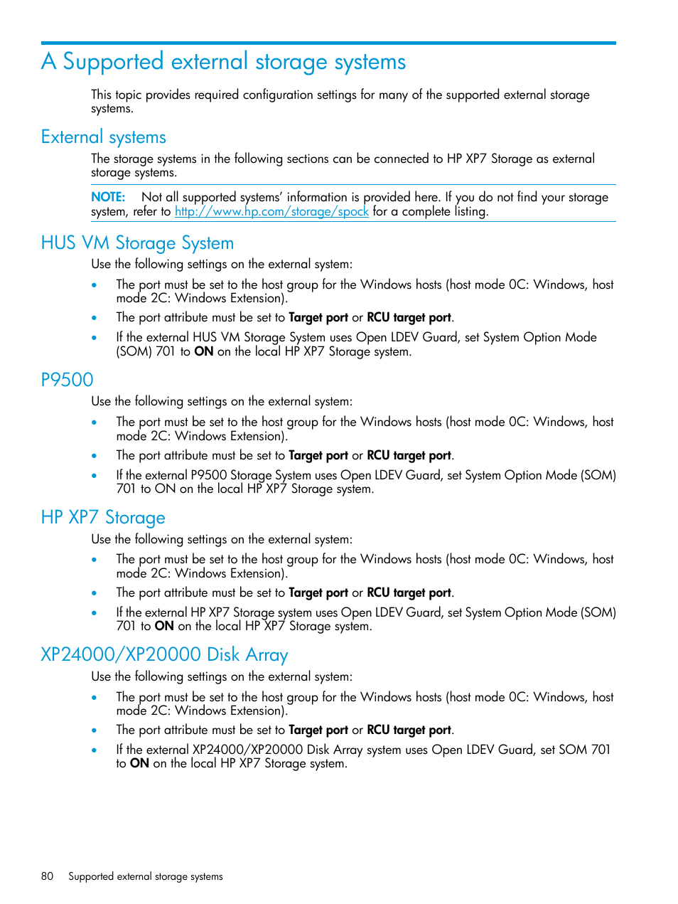 A supported external storage systems, External systems, Hus vm storage system | P9500, Hp xp7 storage, Xp24000/xp20000 disk array | HP XP Racks User Manual | Page 80 / 152