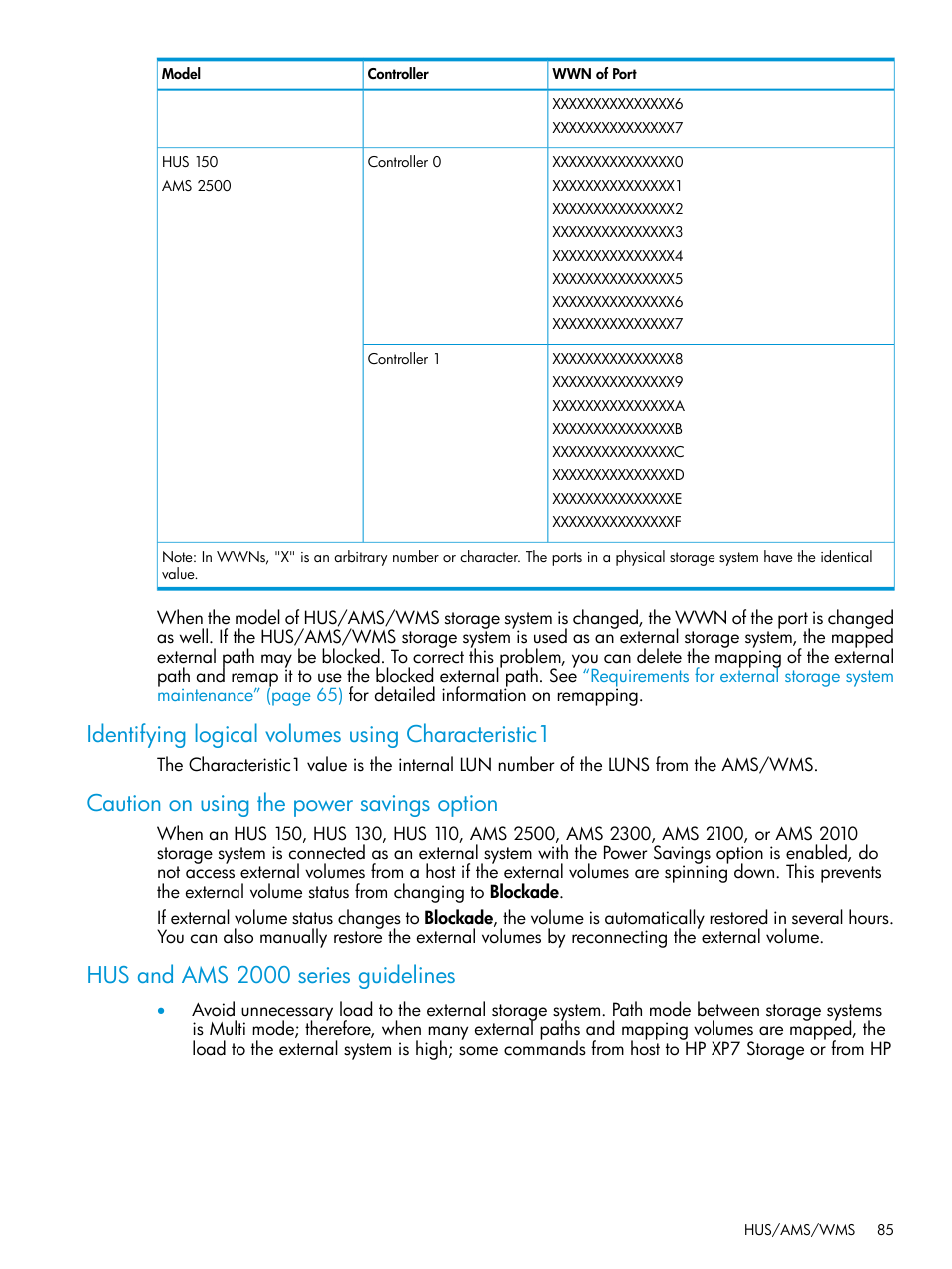 Identifying logical volumes using characteristic1, Caution on using the power savings option, Hus and ams 2000 series guidelines | HP XP Racks User Manual | Page 85 / 152