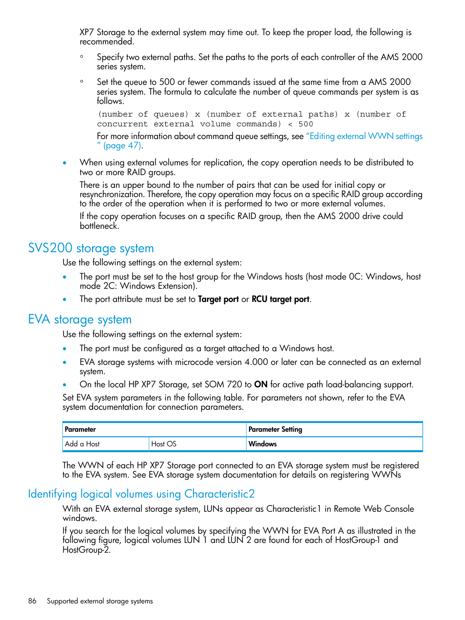 Svs200 storage system, Eva storage system, Identifying logical volumes using characteristic2 | Svs200 storage system eva storage system | HP XP Racks User Manual | Page 86 / 152