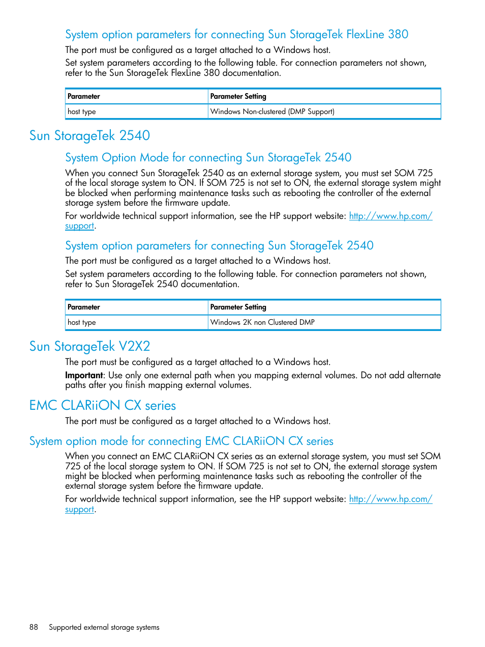 Sun storagetek 2540, Sun storagetek v2x2, Emc clariion cx series | HP XP Racks User Manual | Page 88 / 152