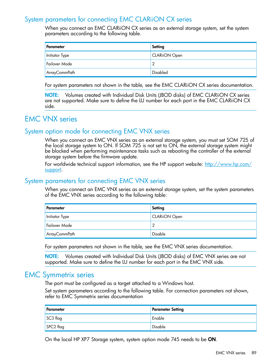 Emc vnx series, System option mode for connecting emc vnx series, System parameters for connecting emc vnx series | Emc symmetrix series | HP XP Racks User Manual | Page 89 / 152