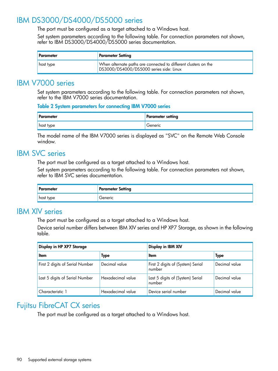 Ibm ds3000/ds4000/ds5000 series, Ibm v7000 series, Ibm svc series | Ibm xiv series, Fujitsu fibrecat cx series | HP XP Racks User Manual | Page 90 / 152