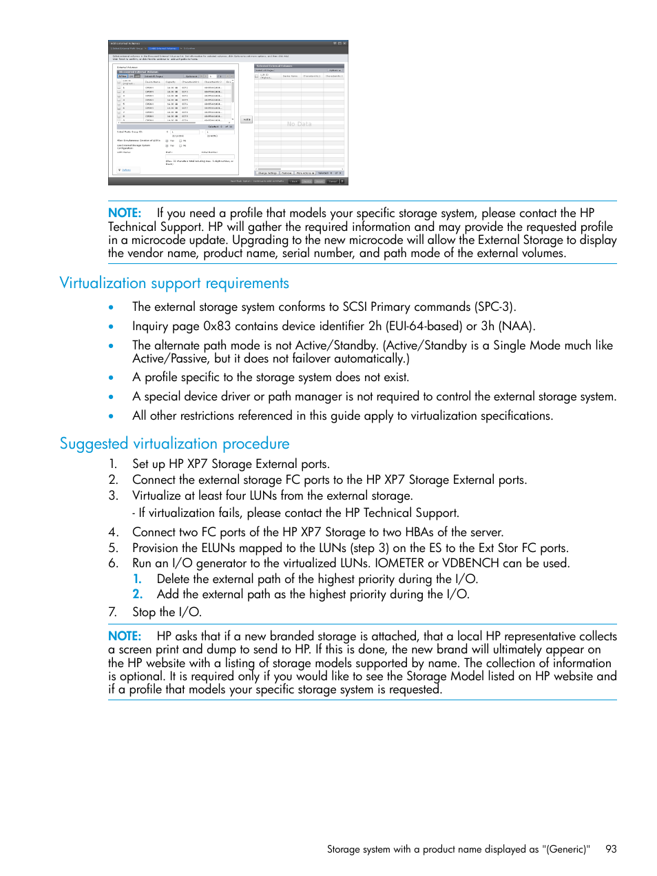 Virtualization support requirements, Suggested virtualization procedure | HP XP Racks User Manual | Page 93 / 152