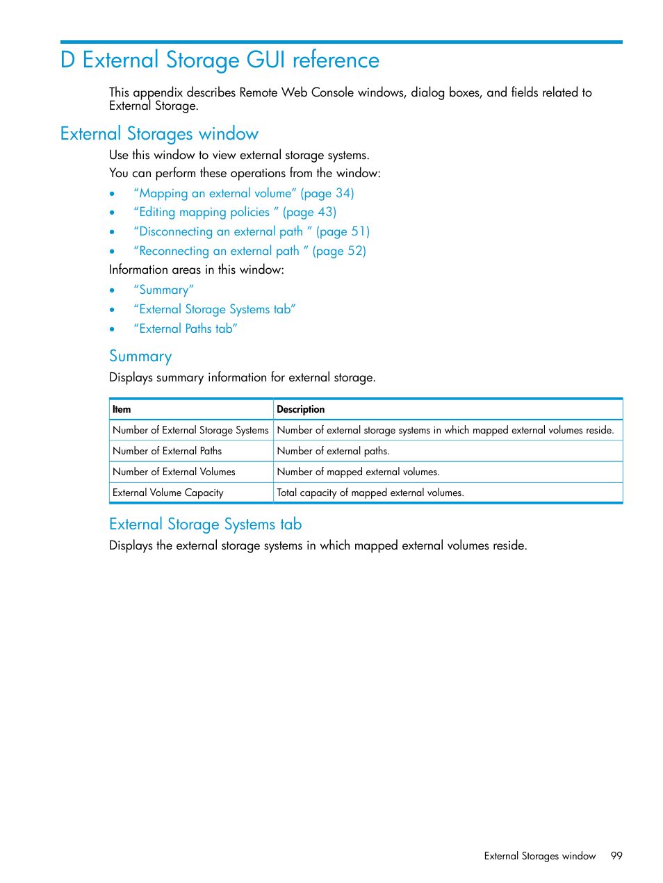 D external storage gui reference, External storages window, Summary | External storage systems tab | HP XP Racks User Manual | Page 99 / 152