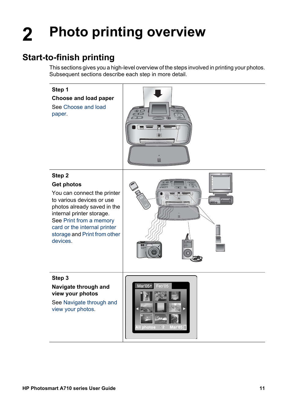Photo printing overview, Start-to-finish printing, Photo printing overview start-to-finish printing | HP Photosmart A717 Compact Photo Printer User Manual | Page 14 / 80