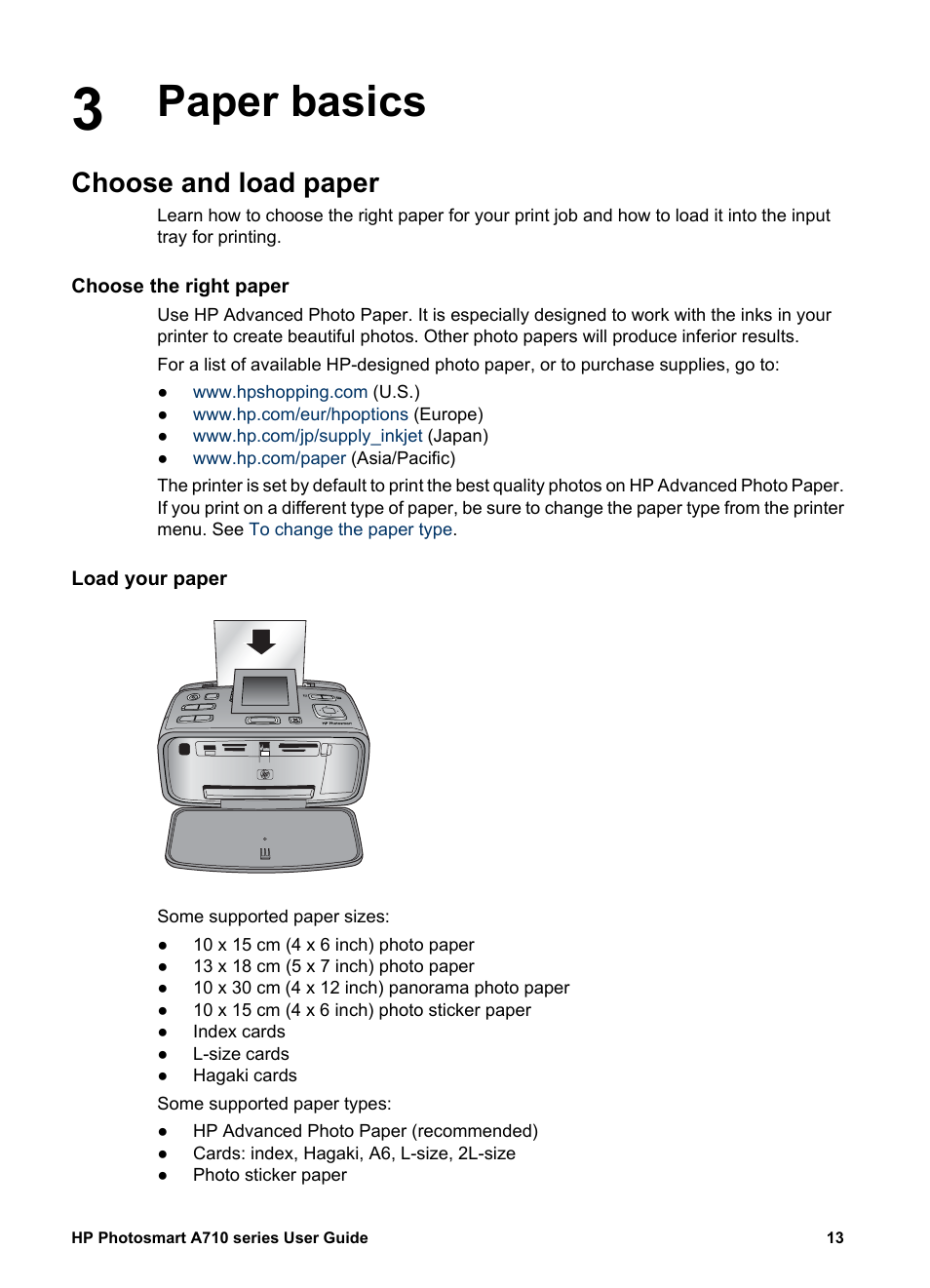 Paper basics, Choose and load paper, Choose the right paper | Load your paper, Paper basics choose and load paper, Choose the right paper load your paper, Choose and load, Paper | HP Photosmart A717 Compact Photo Printer User Manual | Page 16 / 80