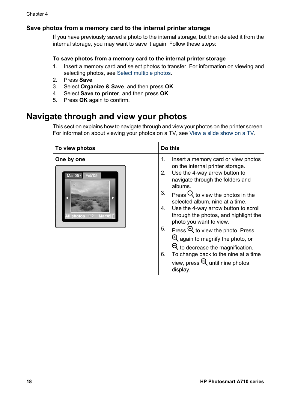 Navigate through and view your photos, Save photos from a memory card to the internal, Printer storage | Navigate through and, View your photos | HP Photosmart A717 Compact Photo Printer User Manual | Page 21 / 80