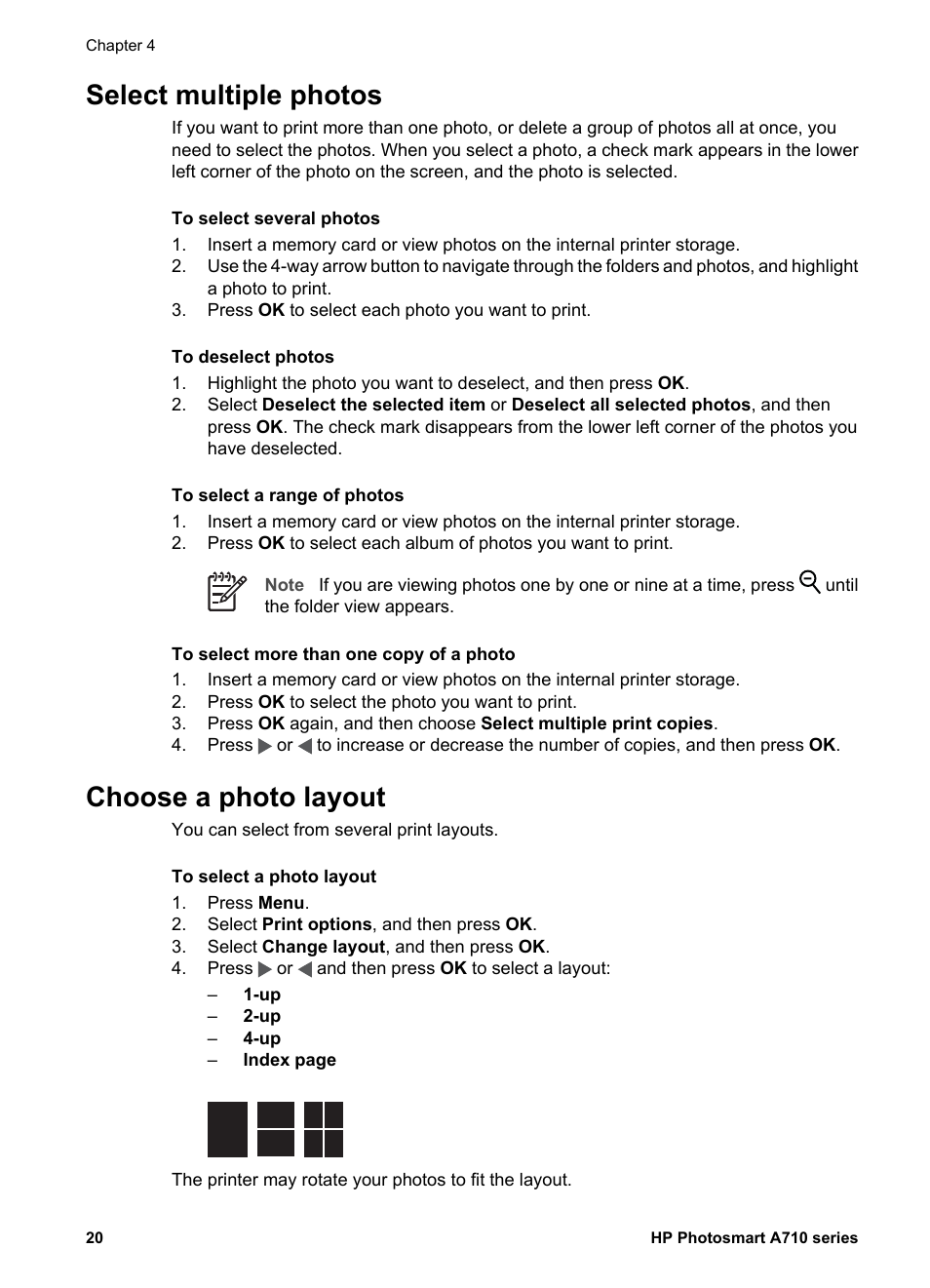 Select multiple photos, Choose a photo layout, Select multiple photos choose a photo layout | Choose a photo, Layout | HP Photosmart A717 Compact Photo Printer User Manual | Page 23 / 80