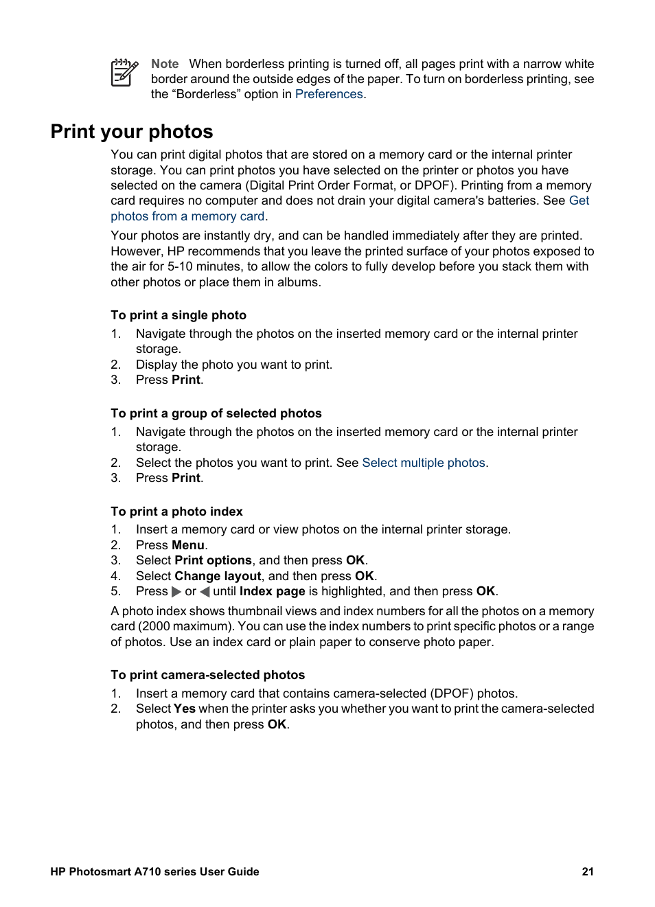 Print your photos | HP Photosmart A717 Compact Photo Printer User Manual | Page 24 / 80