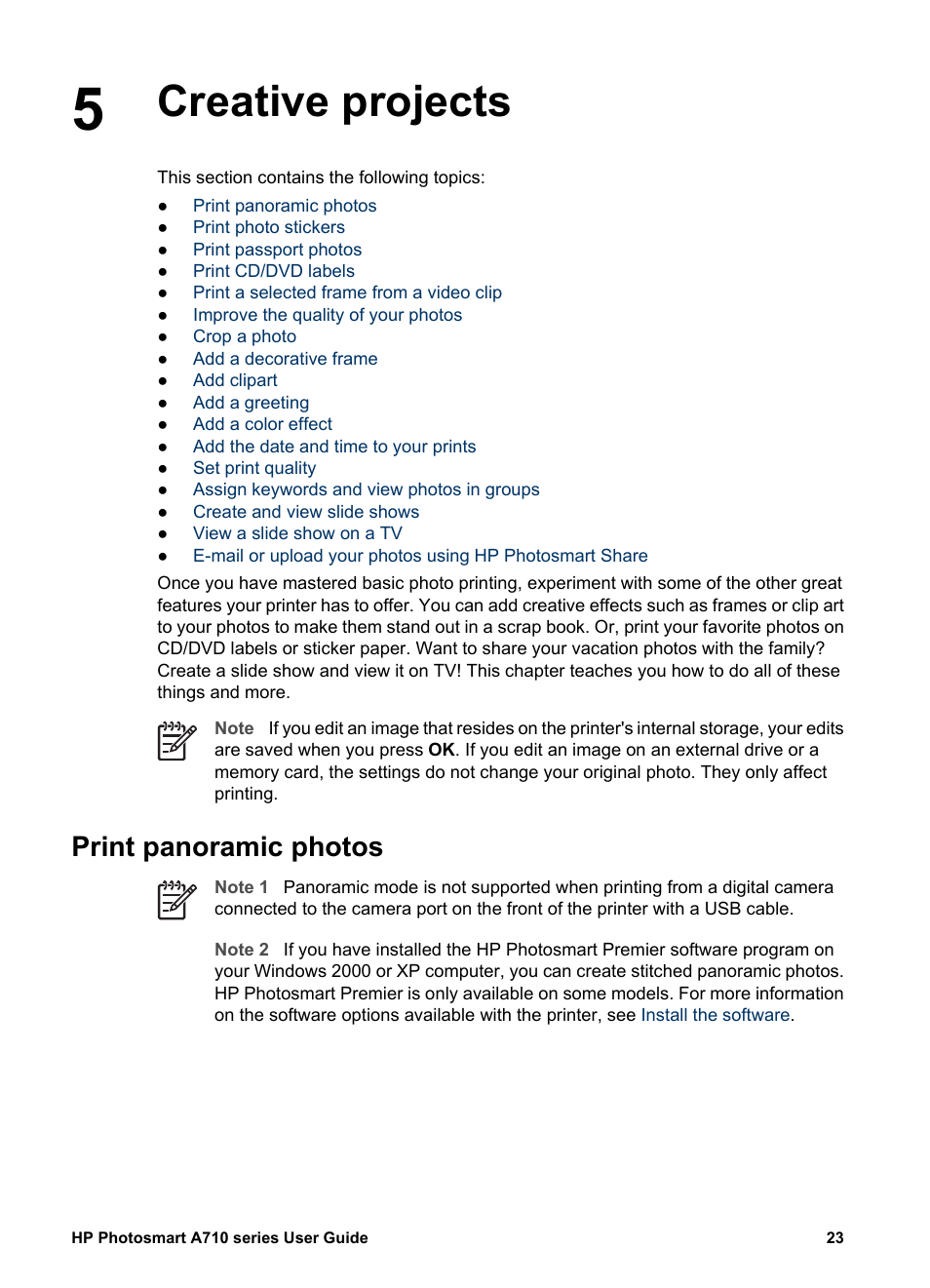 Creative projects, Print panoramic photos, Creative projects print panoramic photos | HP Photosmart A717 Compact Photo Printer User Manual | Page 26 / 80