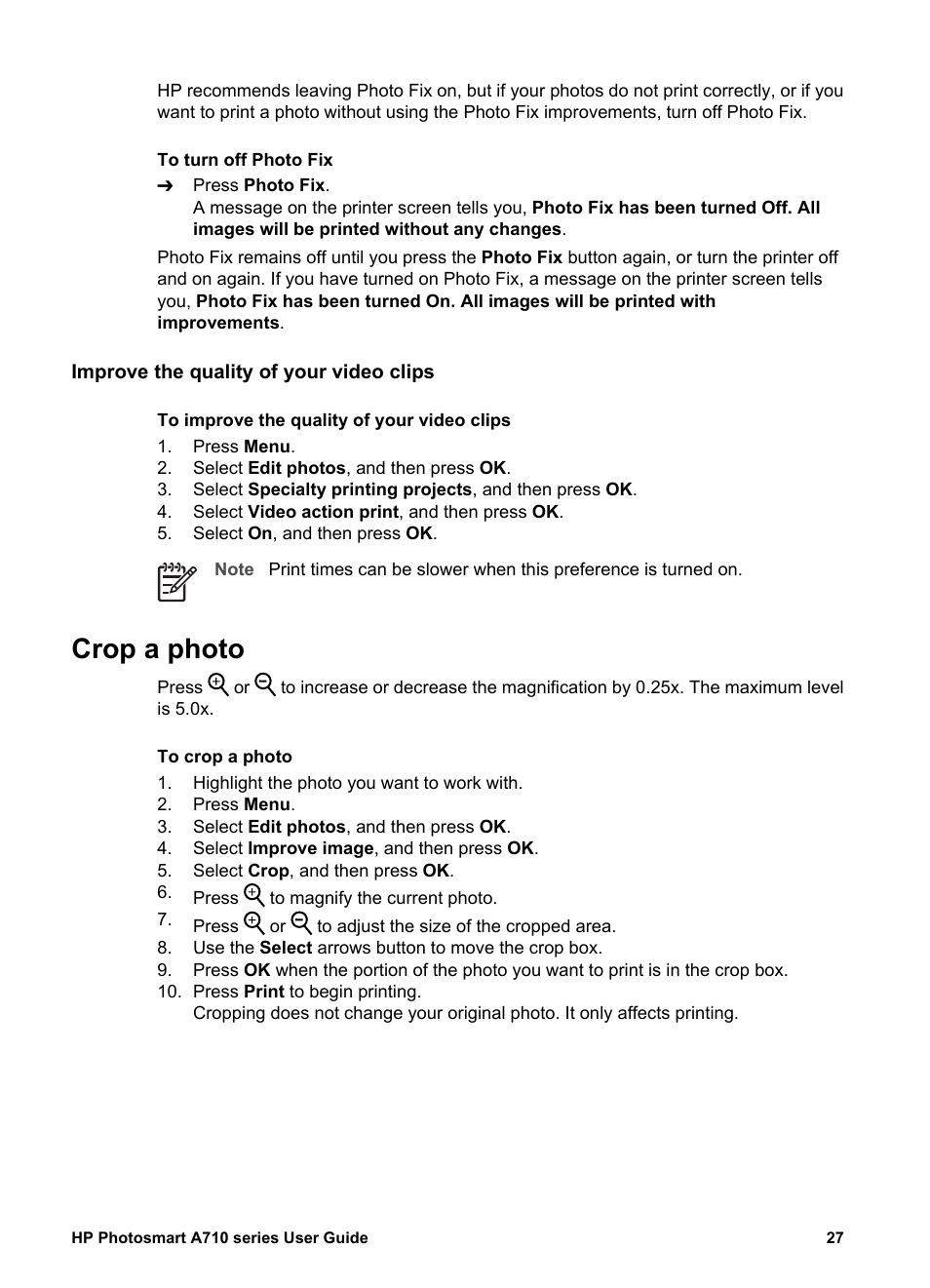 Improve the quality of your video clips, Crop a photo | HP Photosmart A717 Compact Photo Printer User Manual | Page 30 / 80