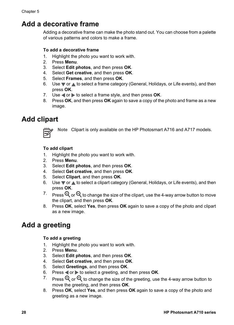 Add a decorative frame, Add clipart, Add a greeting | Add a decorative frame add clipart add a greeting | HP Photosmart A717 Compact Photo Printer User Manual | Page 31 / 80