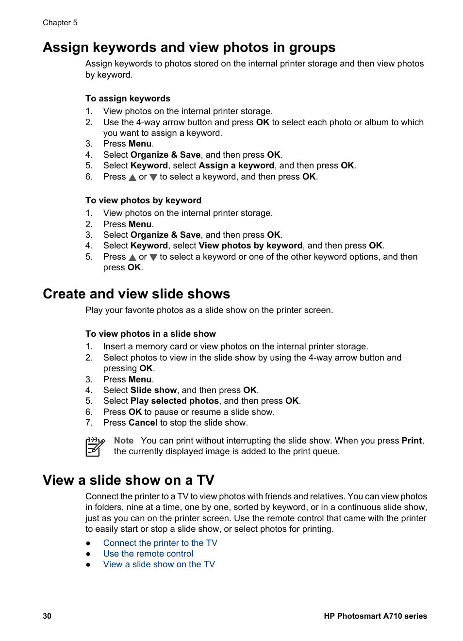 Assign keywords and view photos in groups, Create and view slide shows, View a slide show on a tv | View a slide show on a | HP Photosmart A717 Compact Photo Printer User Manual | Page 33 / 80