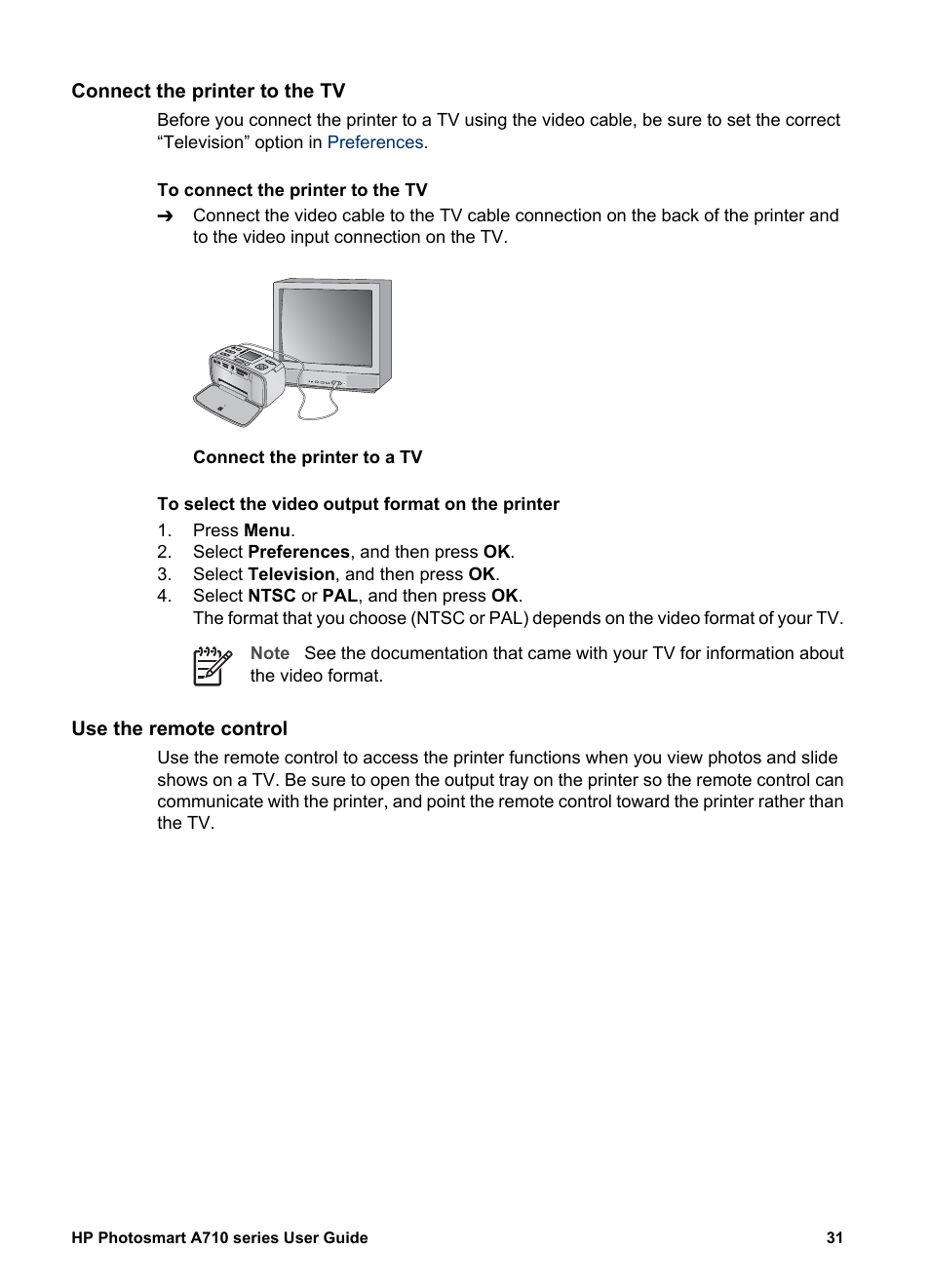 Connect the printer to the tv, Use the remote control | HP Photosmart A717 Compact Photo Printer User Manual | Page 34 / 80